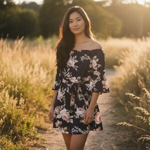 DRESS Dark Blue Floral Bell Sleeve Dress